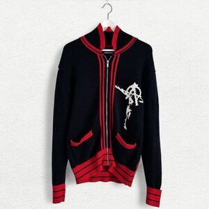 Seventh Heaven Anarchy Zip Up Knit Cardigan in Stripe Black, Red and White